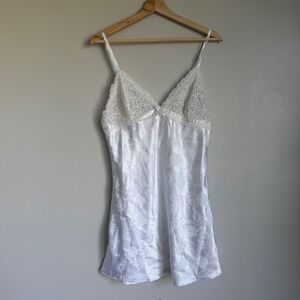 Vintage Kathryn White Satin Floral Lace Trim Slip Dress sz M Bridal Honeymoon